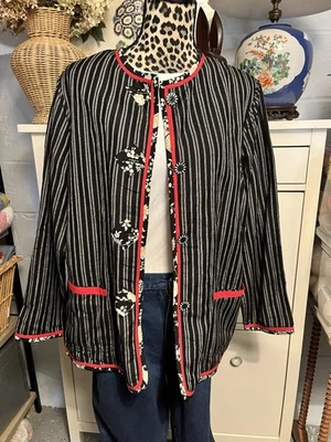 Koos of Course! Linen Blend  Reversible Stripe Kimono Jacket M Floral Trim - Image 1 of 4