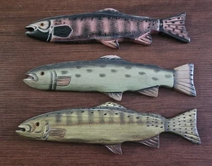 Rainbow Trout 12" Carved and Painted Wooden Wall Decor Folk Art Lot Of 3 - Picture 1 of 24