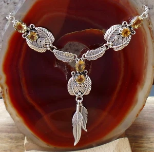KX Collier Collana Piuma Spirale Argento Sterling 925 Citrino Giallo - Foto 1 di 5