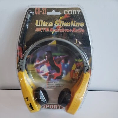 Vntg Coby Ultra Slimline AM/FM Headphone Radio CX-21 Sports Headset Yellow. 1996 - Image 1 of 4