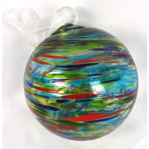 Palla da appendere ornamento vortice multicolore vetro soffiato a mano 4" larga nuova con scatola - Foto 1 di 4