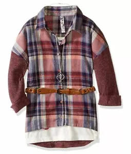 Beautees Girls' Big 2pc Long Sleeve Top with Peace Love Tank, Wine, Small - Picture 1 of 3