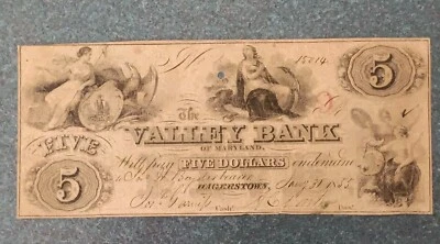 1855 $5 Five Dollar Obsolete Currency, Valley Bank Hagerstown, Maryland - Image 1 of 2