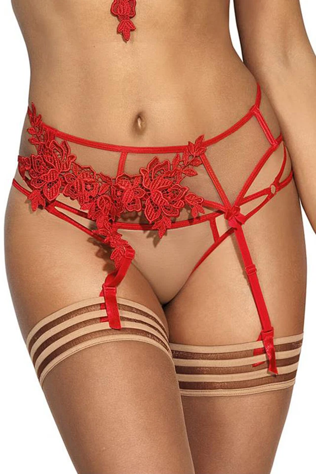 Transparenter Strumpfhalter mit roter Stickerei und betonter Taille - Bild 1 von 1