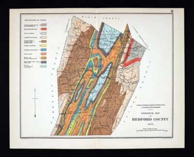 1878 Pennsylvania Geology Map Bedford County Limestone Sandstone Shale by Lesley - Image 1 of 2
