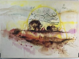 "Impresión artística en acuarela de búfalo e indios nativos americanos Vic Runnels 25"" X 18""" - Imagen 1 de 16