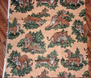 JUNGLE ANIMAL TIGER AND CUBS  ORANGE BACKGROUND VINTAGE COTTON FABRIC  23' X 44" - Picture 1 of 5