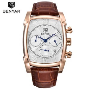 BENYAR Rectangle Chronograph Watch Quartz Date Display Genuine Leather Strap - Picture 1 of 16
