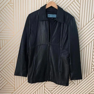 Kenneth Cole Reaction Leather jacket zipper front long line silhouette collar L - Picture 1 of 9