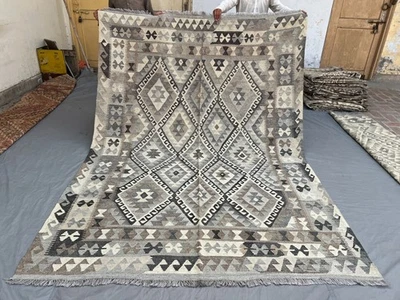7x10 Afghan Flat Weave Kilim Rug, Beige Gray Geometric Modern Farmhouse Carpet - Image 1 of 4