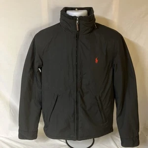 Polo Ralph Lauren Full Zip Jacket Coat Mens Small Black w/ Red Logo Hidden Hood - Picture 1 of 12