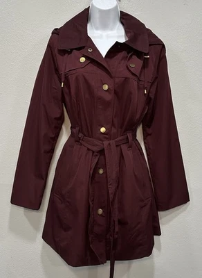 London Fog Hooded Trench Coat Women's Size Medium Burgundy Belted Pockets Snaps - Image 1 of 4
