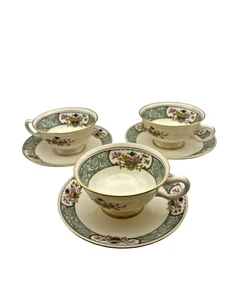 Lenox Peking Teetassen & Untertassen 3er Set Bone China Grün Blumen Goldrand USA - Bild 1 von 7