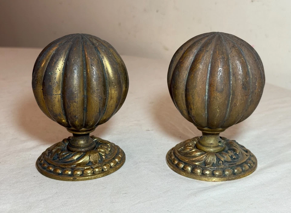 Pair of huge antique French brass bronze ribbed spherical round door handles - Image 1 of 4
