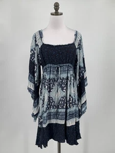 Free People Blue Printed Boho Long Bell Sleeve Short Tunic Dress Sz L - Picture 1 of 5