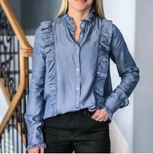 NWT Elan Long Sleeve Mock Neck Ruffle Chambray Denim Blouse Women’s Medium Blue - Picture 1 of 14