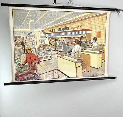Selbstbedienungsladen Rollkarte 1967 Schulwandkarte Lehrtafel  67x108cm #133 - Bild 1 von 4