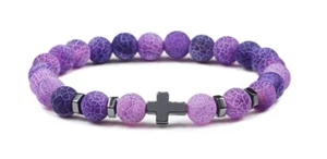 6mm Beaded Purple Matte Stone Stretch Bracelet with hematite Cross and spacers - Picture 1 of 1