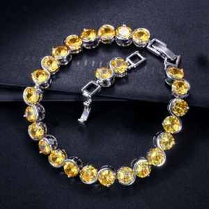 Luxury Holiday Xmas Jewelry Yellow Citrine Gems Women Girls Silver CZ Bracelet - Picture 1 of 7