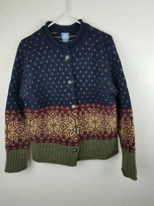 FROST Womens Wool Cardigan SZM Navy Burgundy Fair Isle Button Front A26 - Picture 1 of 3