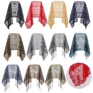 Womens Sequin Sheer Embroidery Shawls Wraps Cape 1920s Shoulder Wrap Scarves - Picture 1 of 65