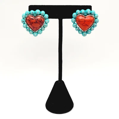 Pendientes perforados estilo suroeste piedra roja forma corazón color turquesa marco Foto 1 de 4