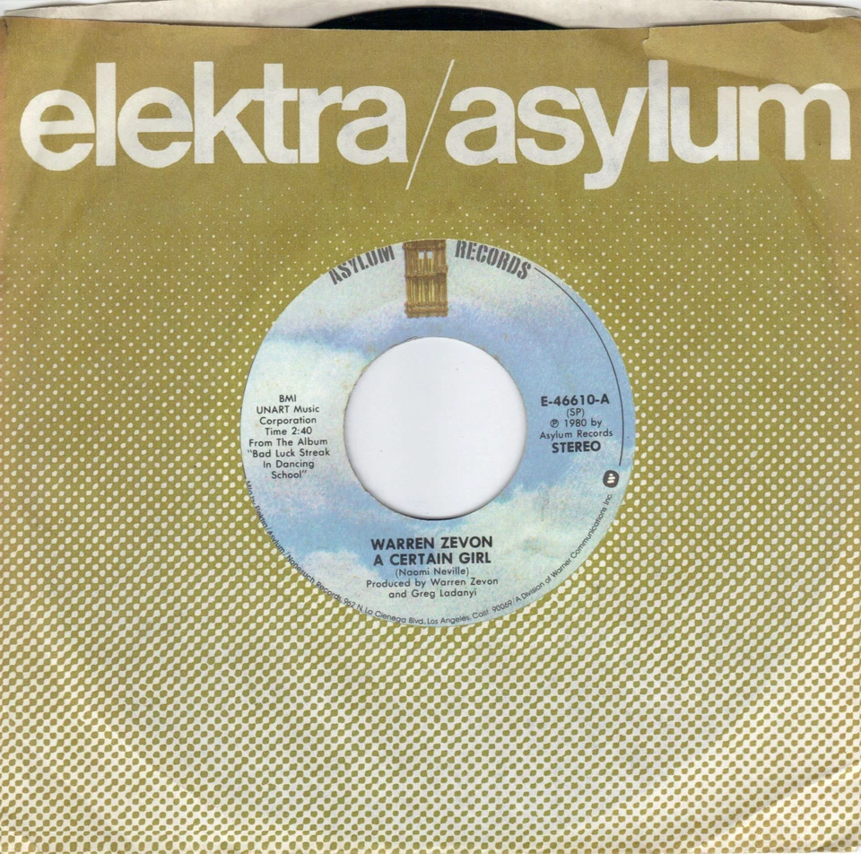 WARREN ZEVON  A Certain Girl / Empty-Handed Heart 45 from 1980 - Image 1 of 1