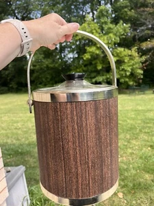 Vintage Kromex Faux Wood Grain Chrome Insulated Ice Bucket 11" Barware MCM USA - Picture 1 of 16