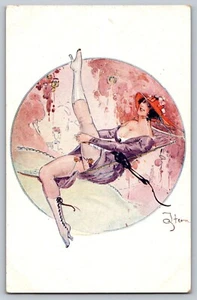 Postal de arte francés vintage La hamaca de Itera Paris Art Nouveau Pin Up Girl - Imagen 1 de 4