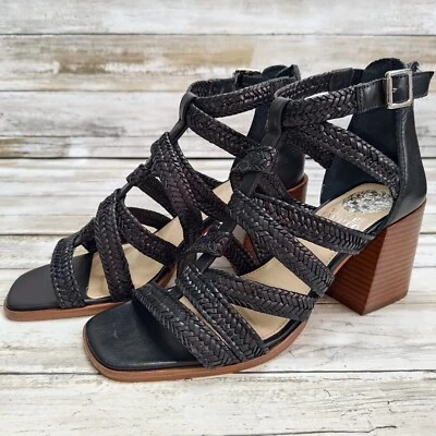 Vince Camuto Women’s Nissena Black Leather Block Heel Strappy Sandals Size 7.5 M - Image 1 of 4