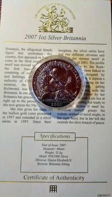 2007 1oz Silver Bullion £2 Britannia Royal Mint 958.4 Ag LOW MINTAGE 94k + CoA - Image 1 of 2