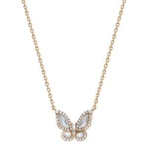 Diamond & Moonstone Butterfly Pendant Necklace 18K Yellow Gold 0.22Ctw 17 Inches