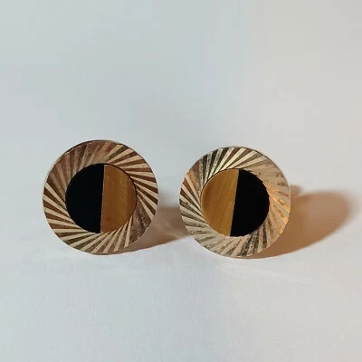 Vintage Gold Tone Round Swirl Tigers Eye/Onyx? Cufflinks - Image 1 of 3