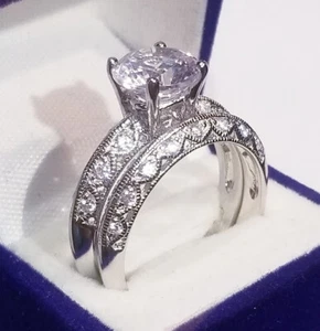 Anello di fidanzamento taglio pavè tondo diamante simulato matrimonio set 925 massiccio - Foto 1 di 10