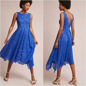 Anthropologie Tracy Reese Cerulean Sky Cobalt Blue Lace Asymmetrical Midi Dress - Picture 1 of 11