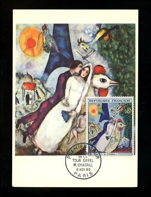Postal History FDC #1076 France art Chagall Eiffel Tower Maximum Card 1963 Foto 1 de 2