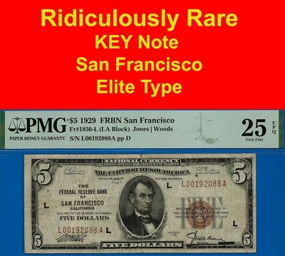 1929 $5 National Currency PMG 25EPQ FRBN San Francisco Key Note Fr 1850-L - Image 1 of 4