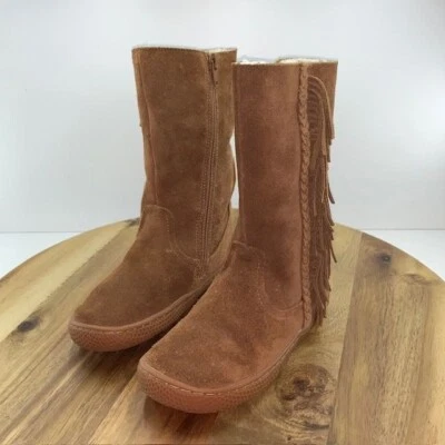 LIVIE and LUCA Brown Suede Fringe Moccasin Tall Boot Pull On Girls Size 1 Shoes - Image 1 of 4