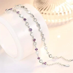 925 Sterling Silver plated Stone Heart Linked Charm Bracelet Women Jewellery USA - Picture 1 of 6