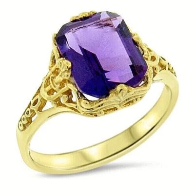 ANTIQUE STYLE 925 SOLID SILVER 24K GOLD PLATED LAB-CREATED AMETHYST RING   1011Z - Image 1 of 4