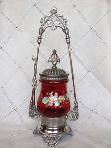 Antique Victorian PICKLE CASTOR Cranberry Coindot INSERT in Silverplate holder - Picture 1 of 8