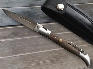 Vintage Laquiole Pocket Knife Blade Wood Handle Corkscrew Sheath Leather Men's - Picture 1 of 21