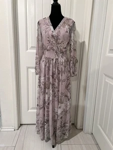 Kate and Lily Ballon Langarm Maxi rosa Blumen Gr. 8 V-Ausschnitt Kleid gefüttert - Bild 1 von 10