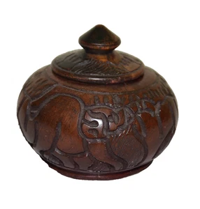 Round Dark Wooden Jar Jewelry Trinket Box with Lid Hand Carved Elephants Safari - Picture 1 of 6