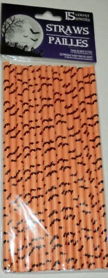 Halloween Party Orange & Black Bat Themed Straws Package of 15 Disposable - Image 1 of 3