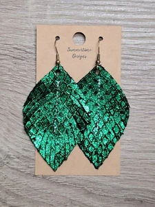 Handmade GENUINE Leather Feather Earrings Black Suede W Green Metallic Python 2" - Picture 1 of 1