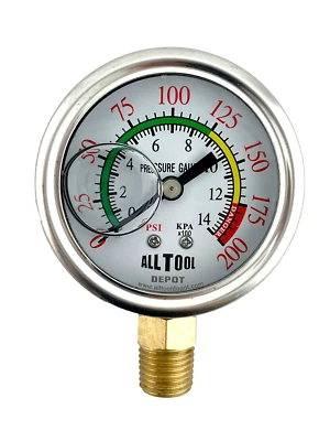 Oil Filled Pressure Gauge 2" Dial Lower Side Mount 1/4"NPT - 0 to 200PSI Color - Image 1 of 4