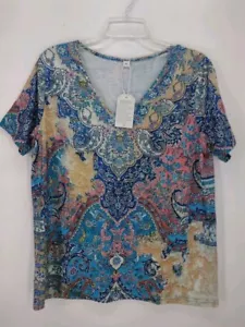NWT Made With Love Short Sleeve Shirt Women's Size XL Stretch V Neck Multicolor - Picture 1 of 6