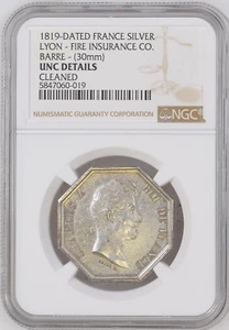 1819 FRANCE SILVER LYON FIRE INSURANCE CO. BARRE (30mm)(CLEANED) NGC UNC DETAILS - Picture 1 of 4