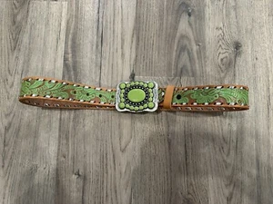 Krazy Cow GREEN Full Grain Cowhide Belt - Silver Buck Stitched - Women's Size 34 - Picture 1 of 9